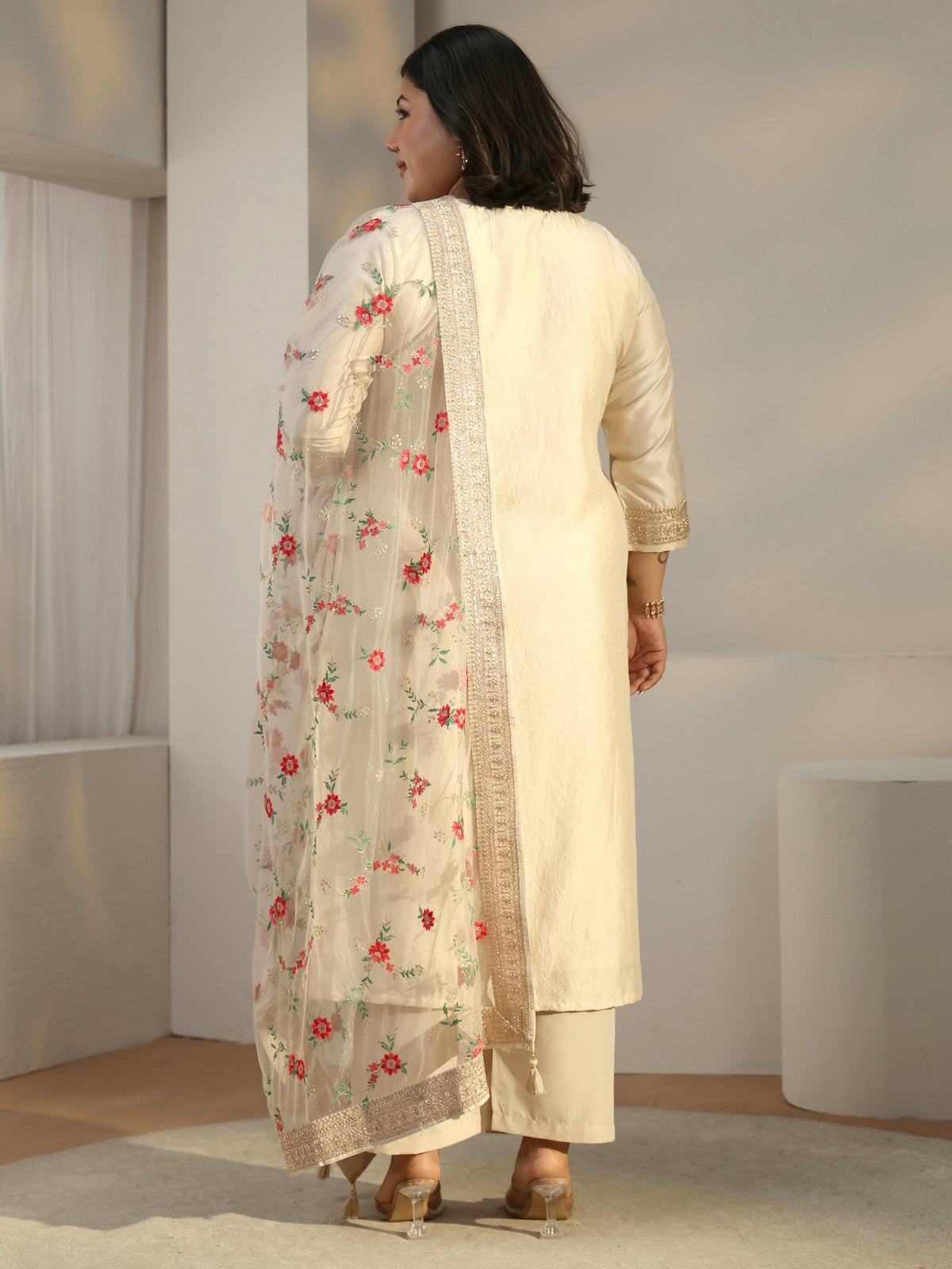 Plus Size Taupe Woven Design Silk Blend Straight Suit Set With Dupatta
