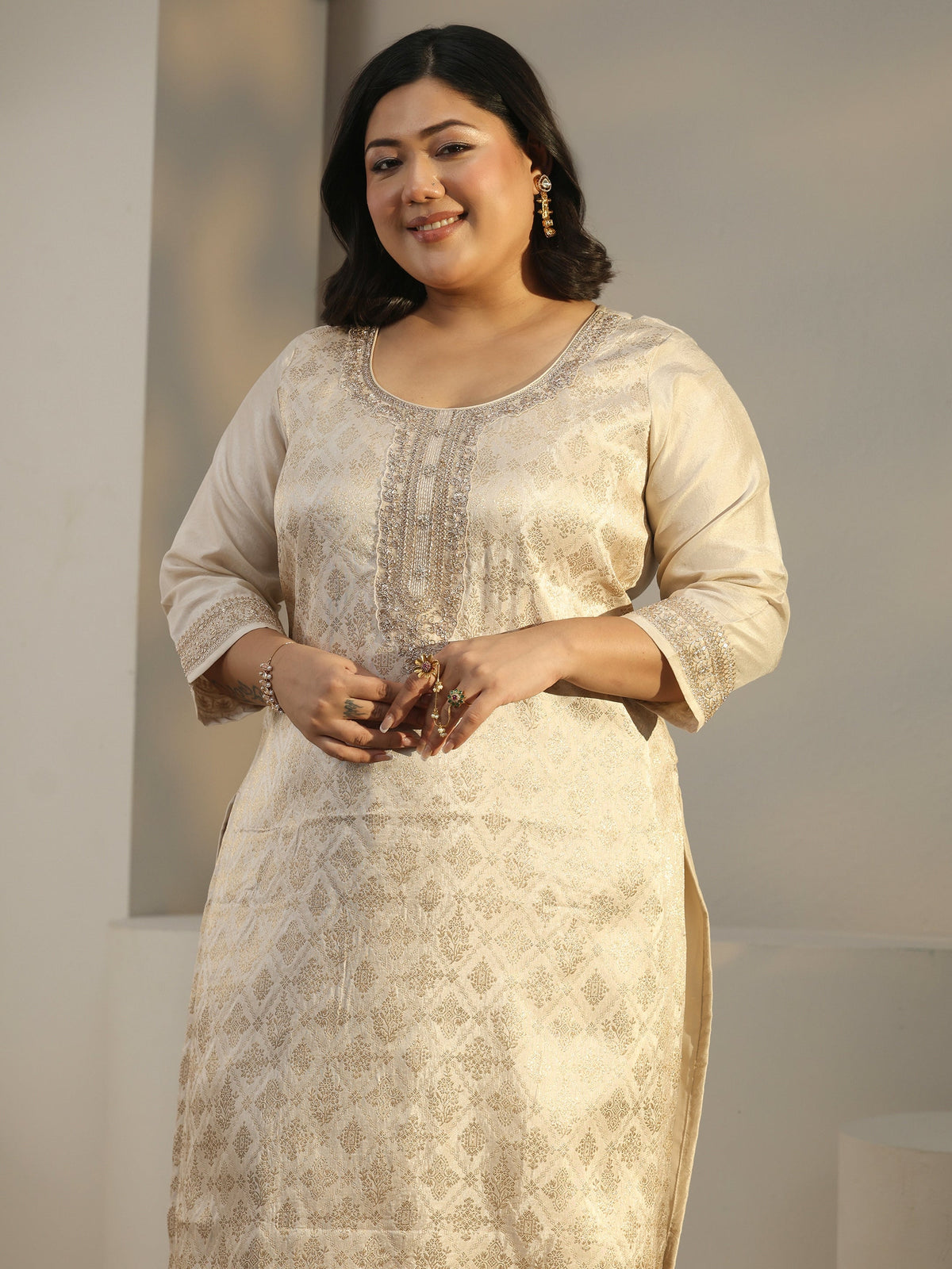Plus Size Taupe Woven Design Silk Blend Straight Suit Set With Dupatta