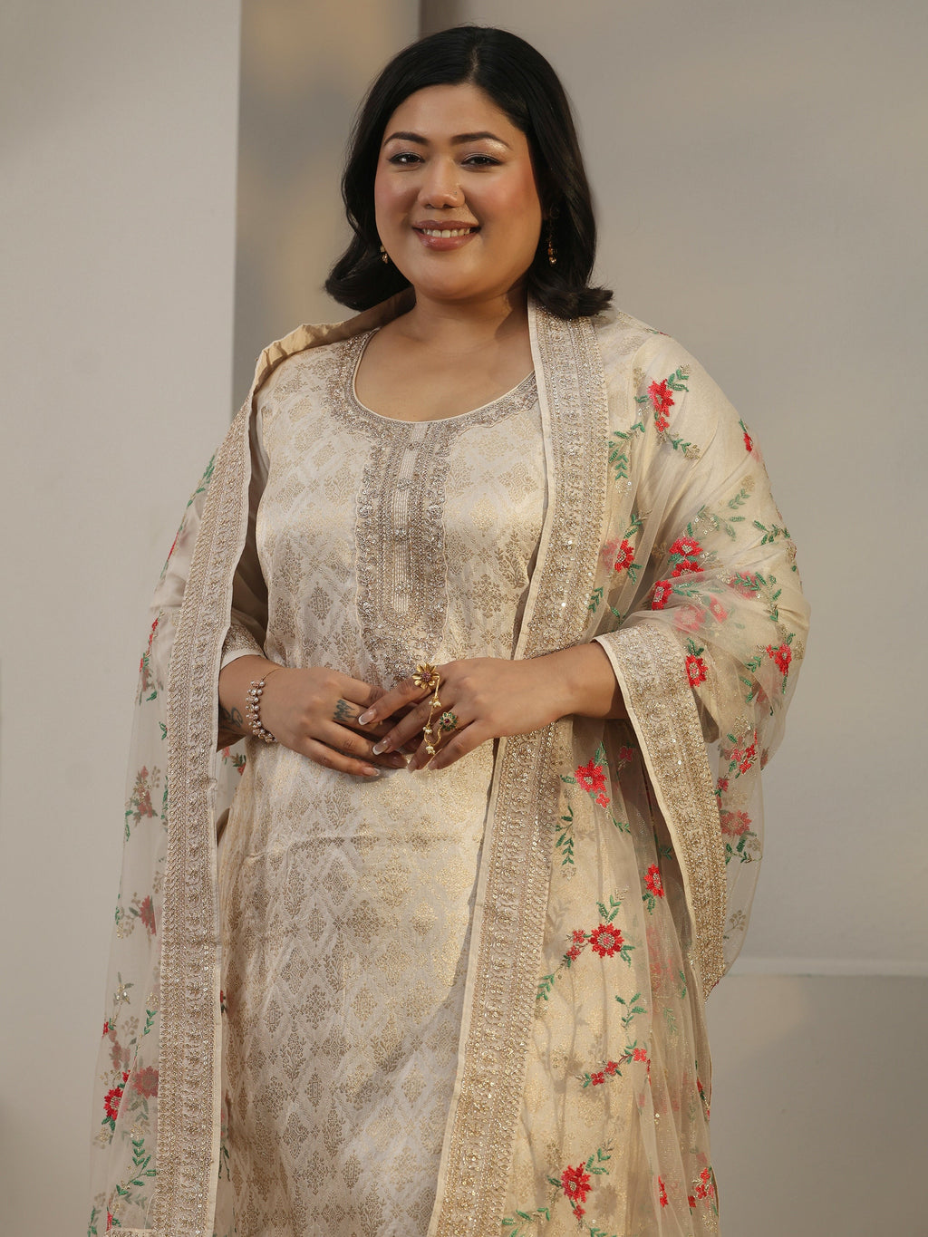 Plus Size Taupe Woven Design Silk Blend Straight Suit Set With Dupatta