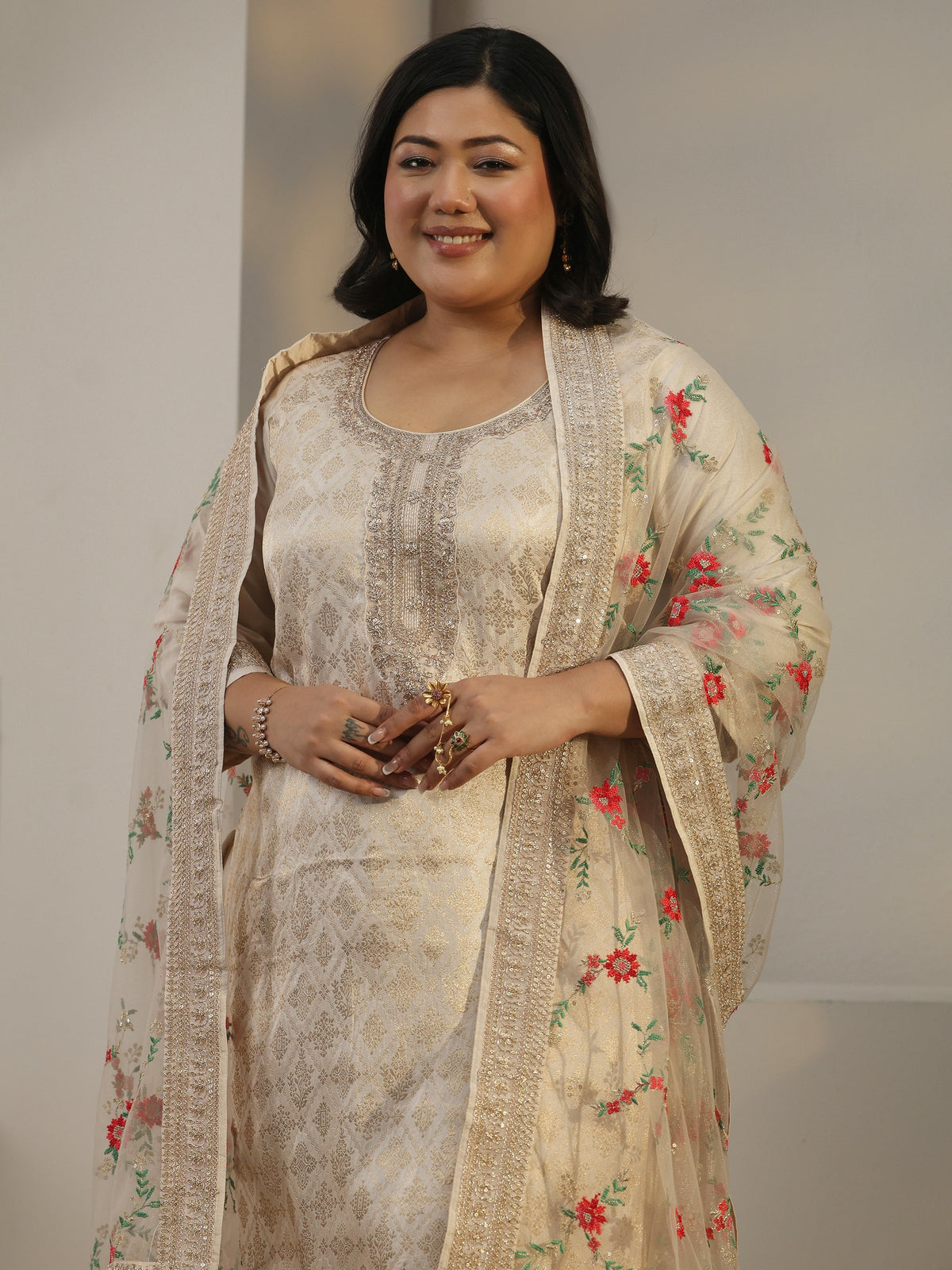 Plus Size Taupe Woven Design Silk Blend Straight Suit Set With Dupatta