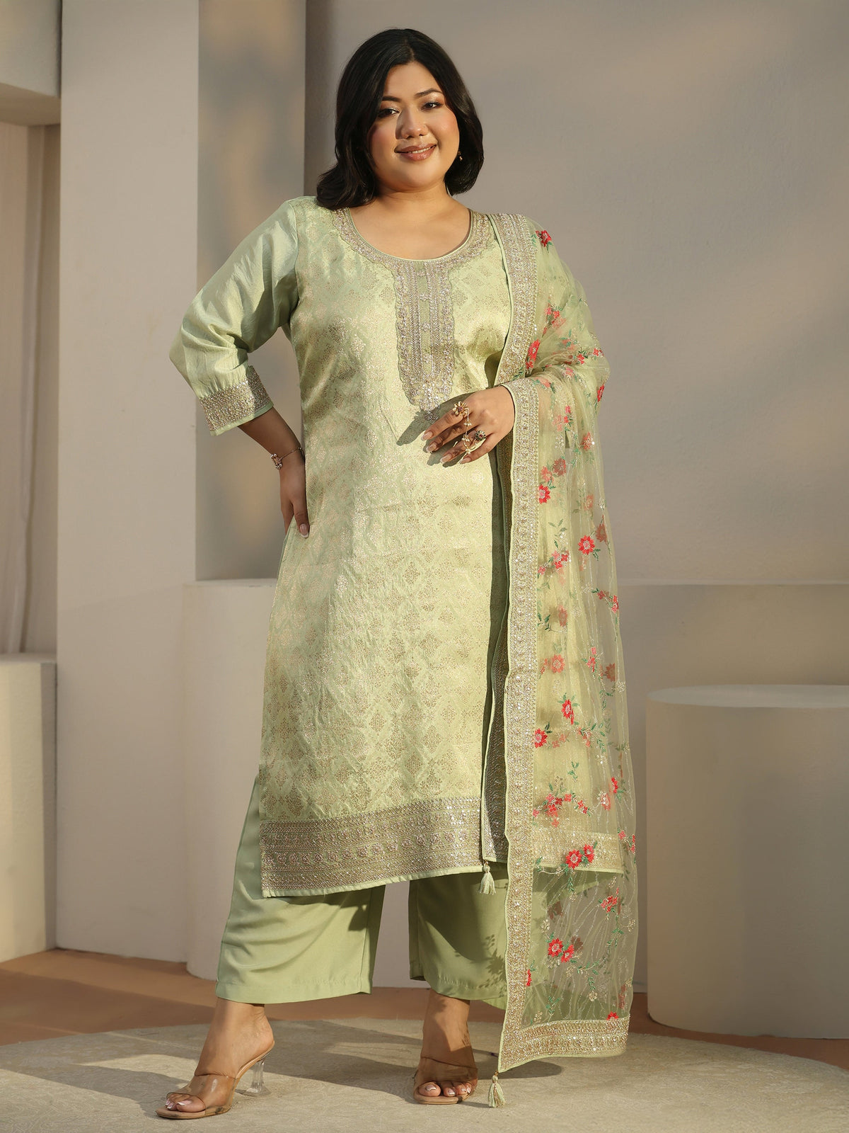 Plus Size Green Woven Design Silk Blend Straight Suit Set With Dupatta