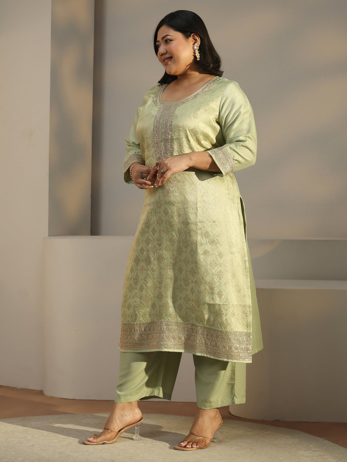 Plus Size Green Woven Design Silk Blend Straight Suit Set With Dupatta