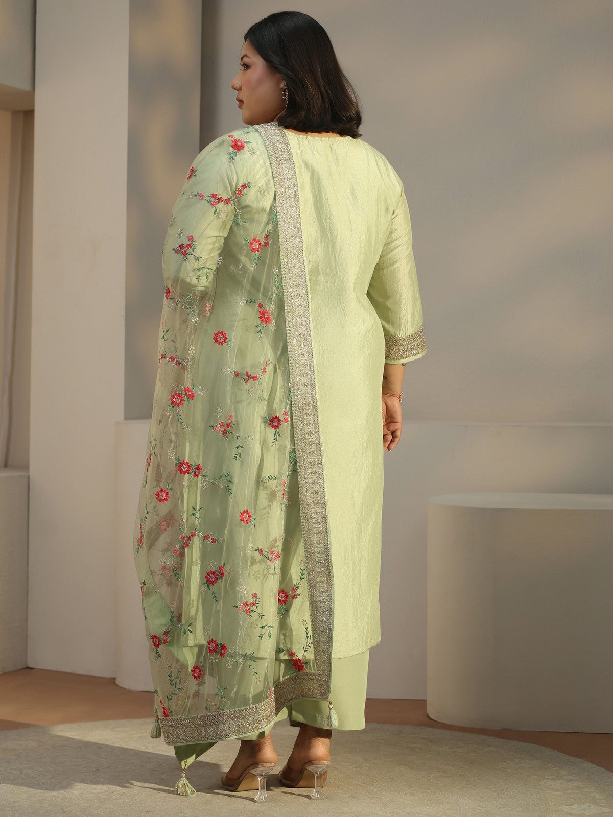 Plus Size Green Woven Design Silk Blend Straight Suit Set With Dupatta
