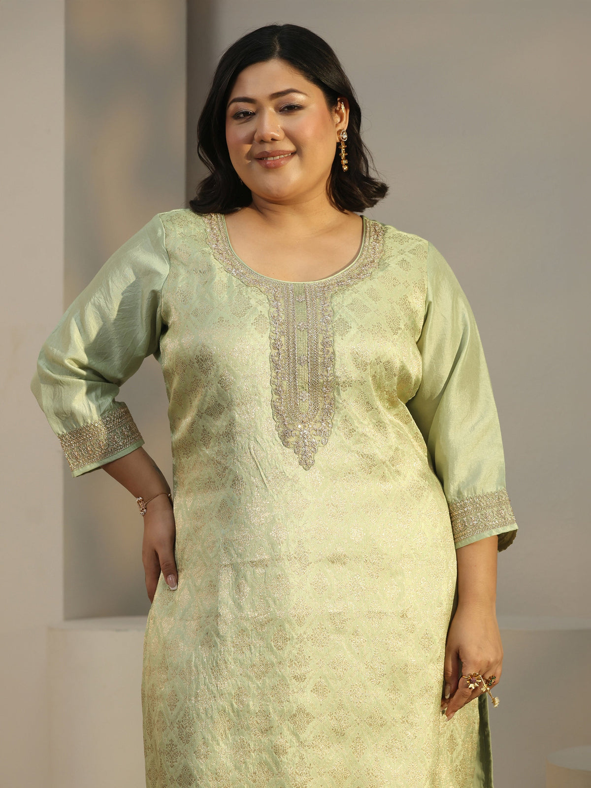 Plus Size Green Woven Design Silk Blend Straight Suit Set With Dupatta