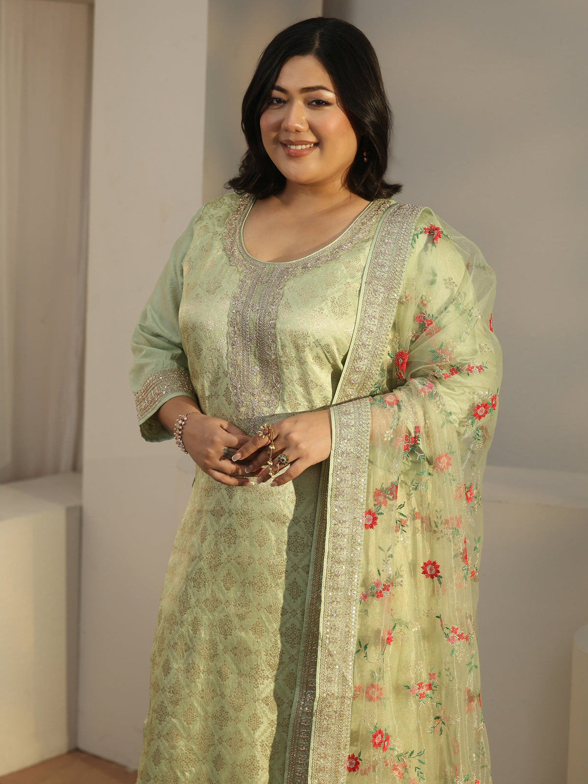 Plus Size Green Woven Design Silk Blend Straight Suit Set With Dupatta
