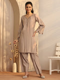 sanjhshringar Tan Brown Floral Painted Silk Blend Farshi Salwar Kurta Set