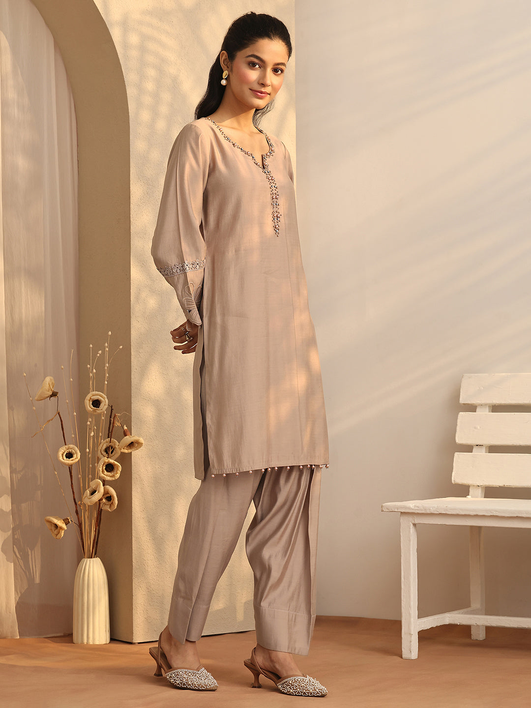 sanjhshringar Tan Brown Floral Painted Silk Blend Farshi Salwar Kurta Set