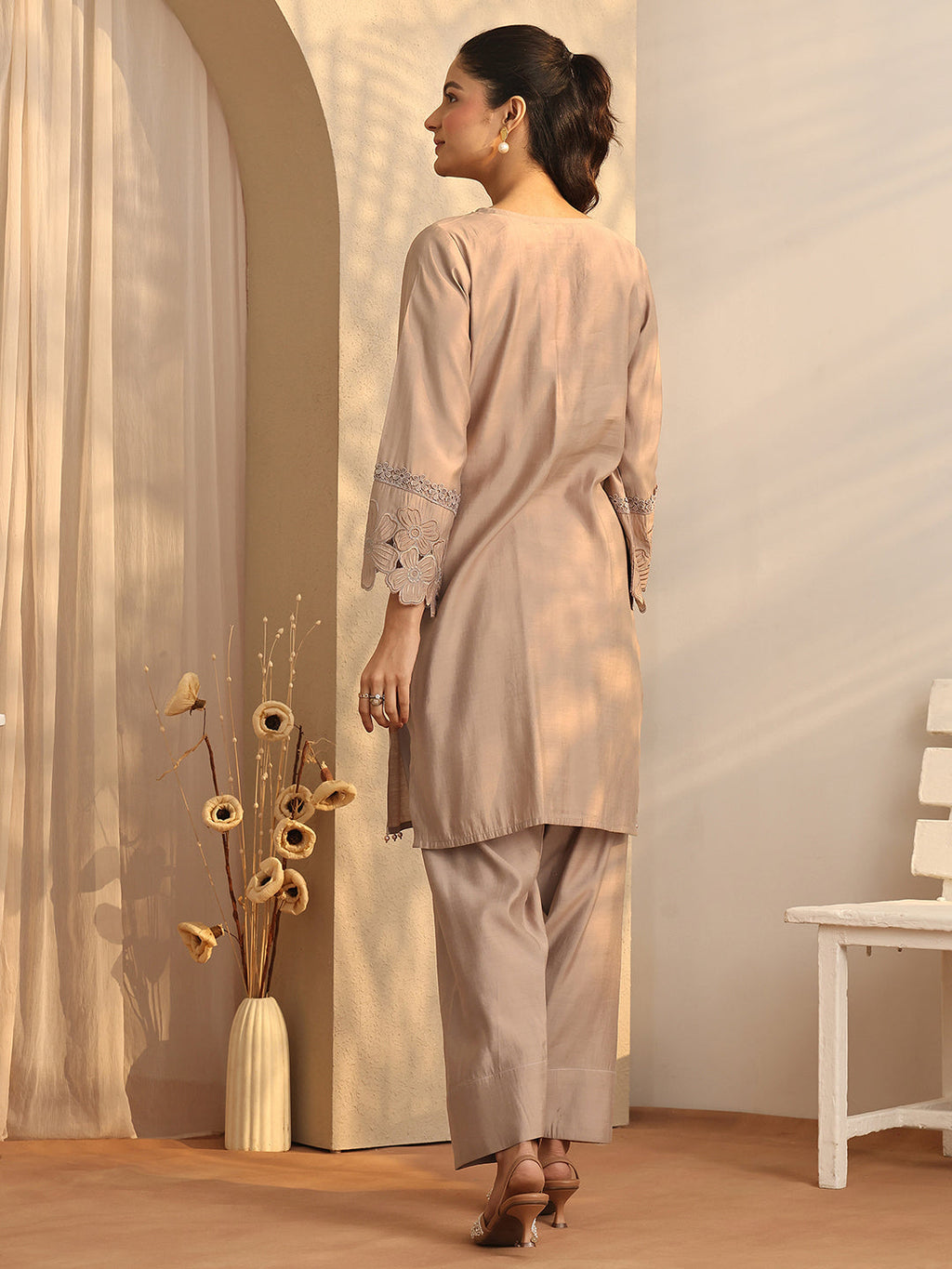 sanjhshringar Tan Brown Floral Painted Silk Blend Farshi Salwar Kurta Set