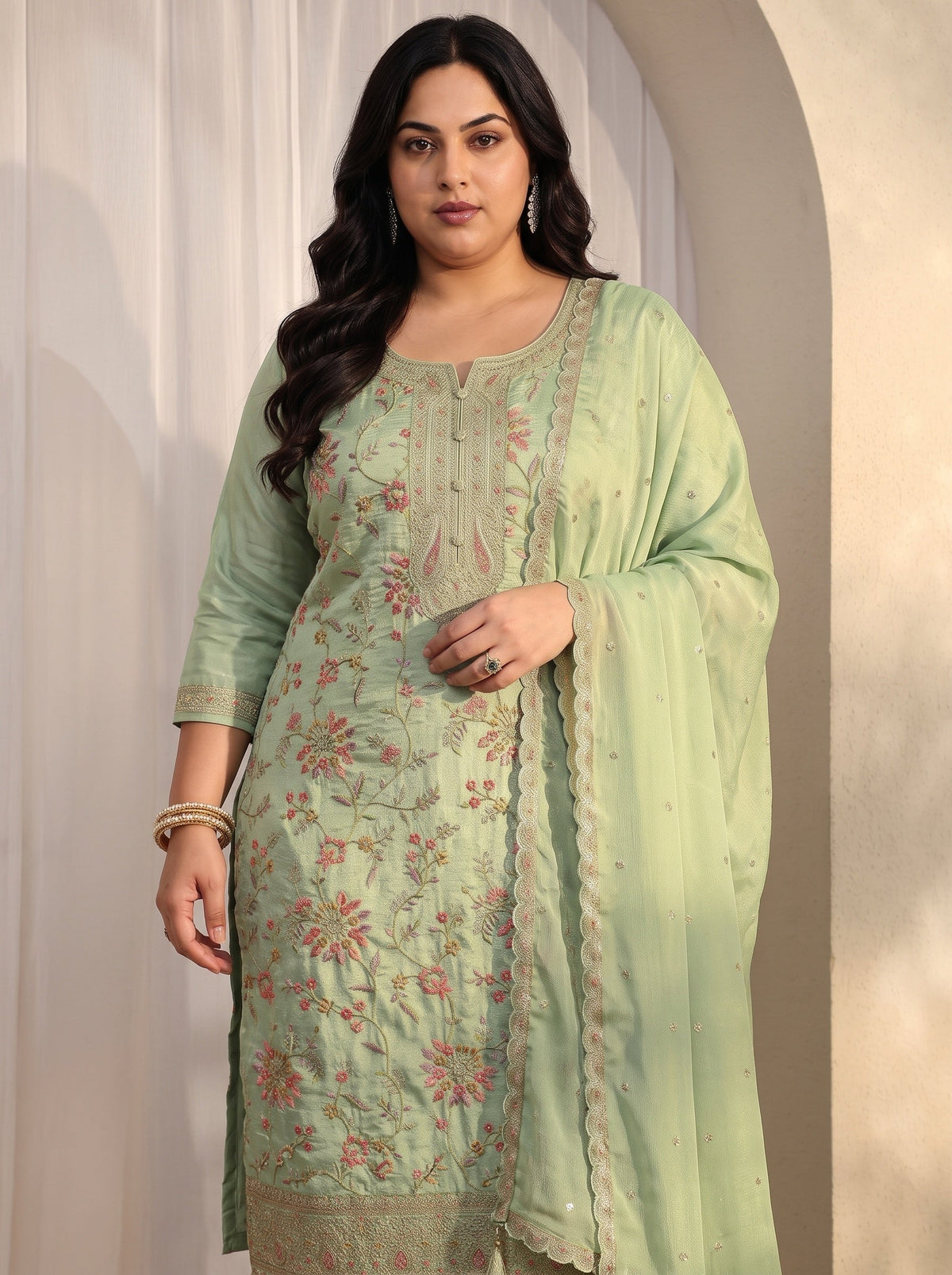Plus Size Green Embroidered Silk blend Straight Suit Set With Dupatta