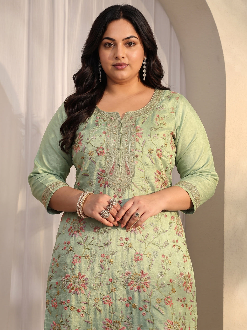 Plus Size Green Embroidered Silk blend Straight Suit Set With Dupatta