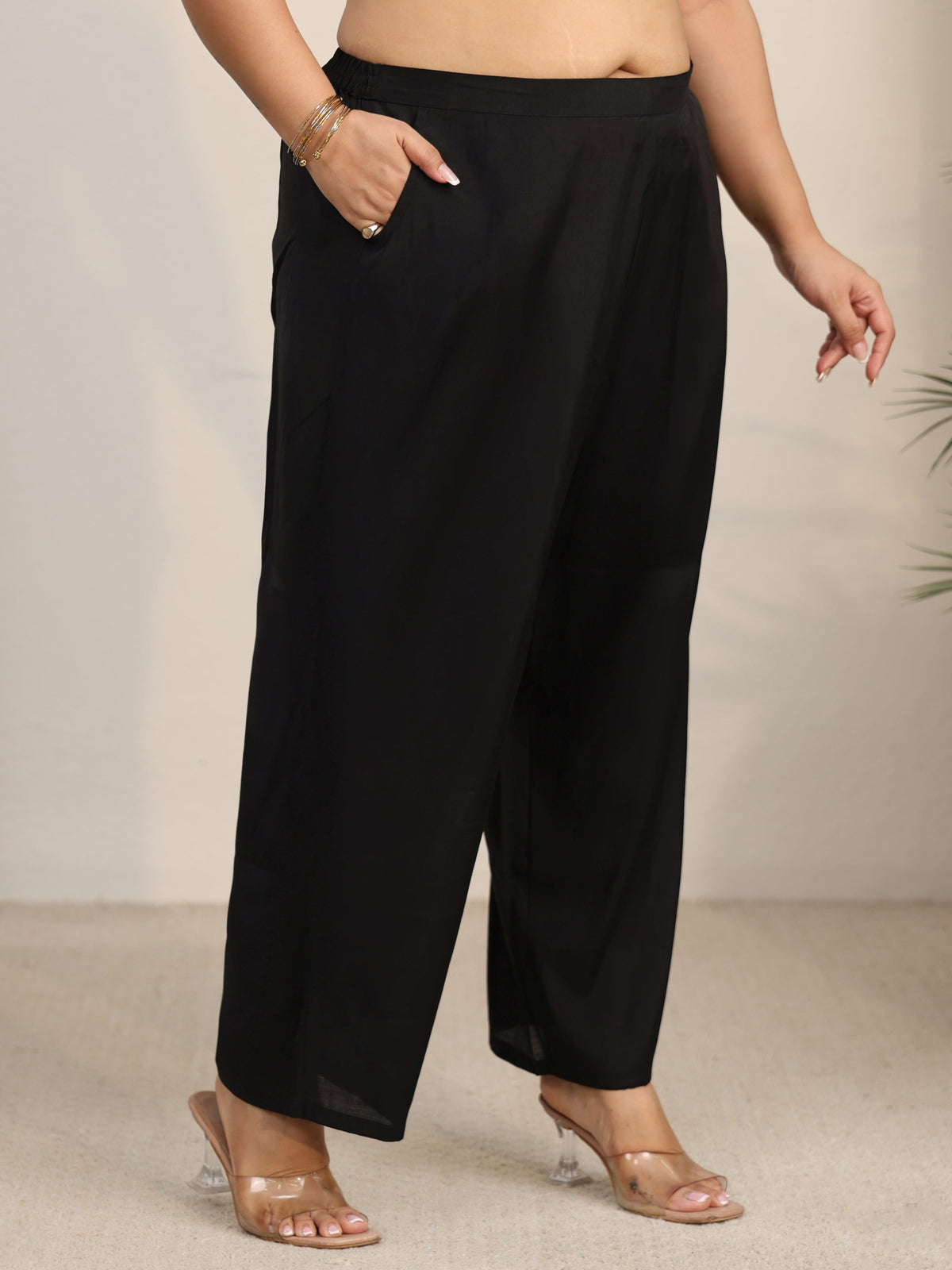 Plus Size Black Embroidered Silk Blend Straight Suit Set With Dupatta