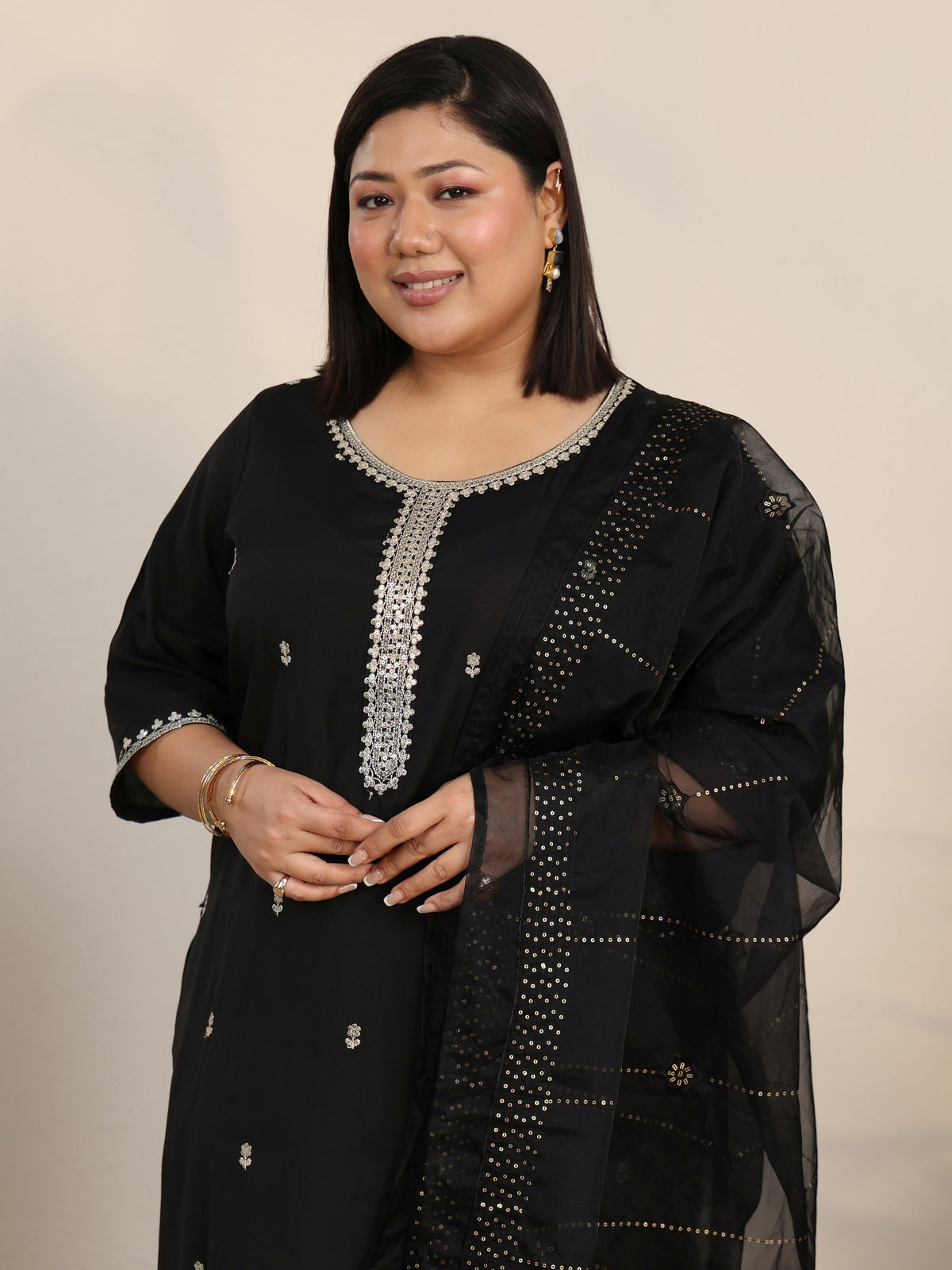 Plus Size Black Embroidered Silk Blend Straight Suit Set With Dupatta