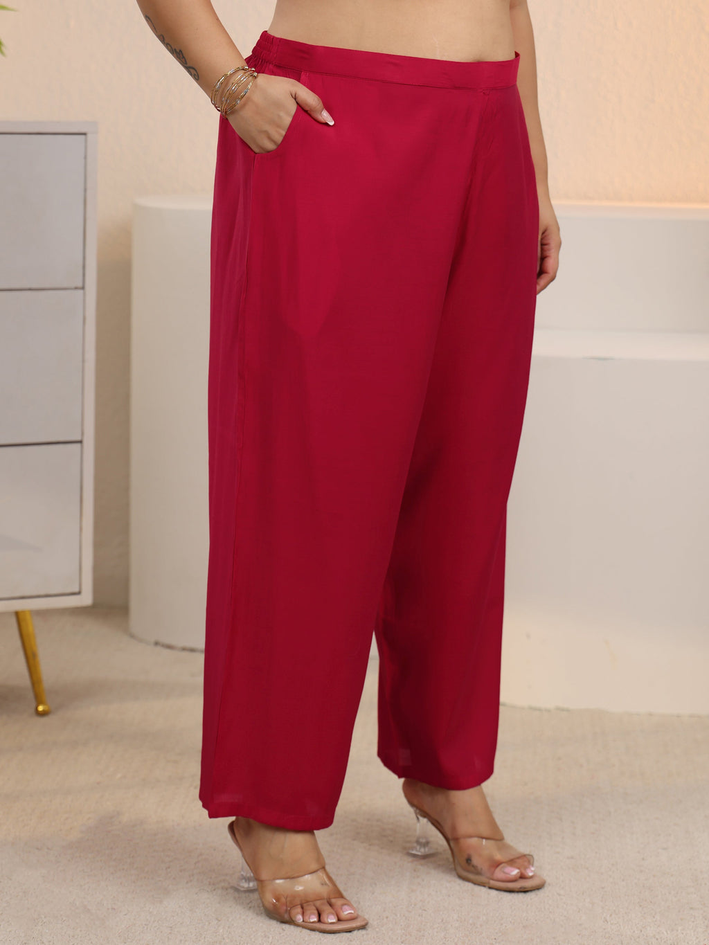 Plus Size Red Embroidered Silk Blend Straight Suit With Dupatta-color issue