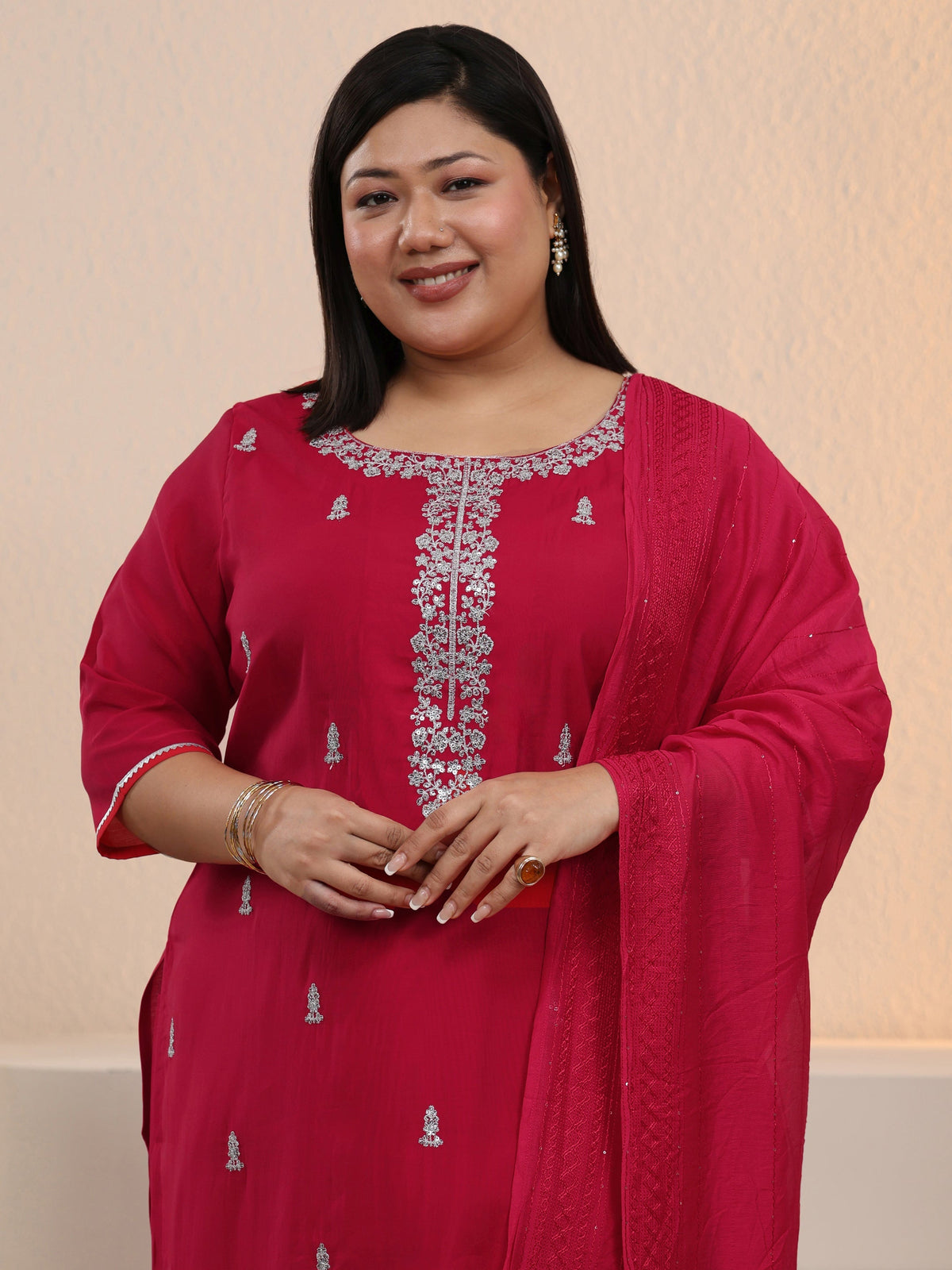 Plus Size Red Embroidered Silk Blend Straight Suit With Dupatta-color issue