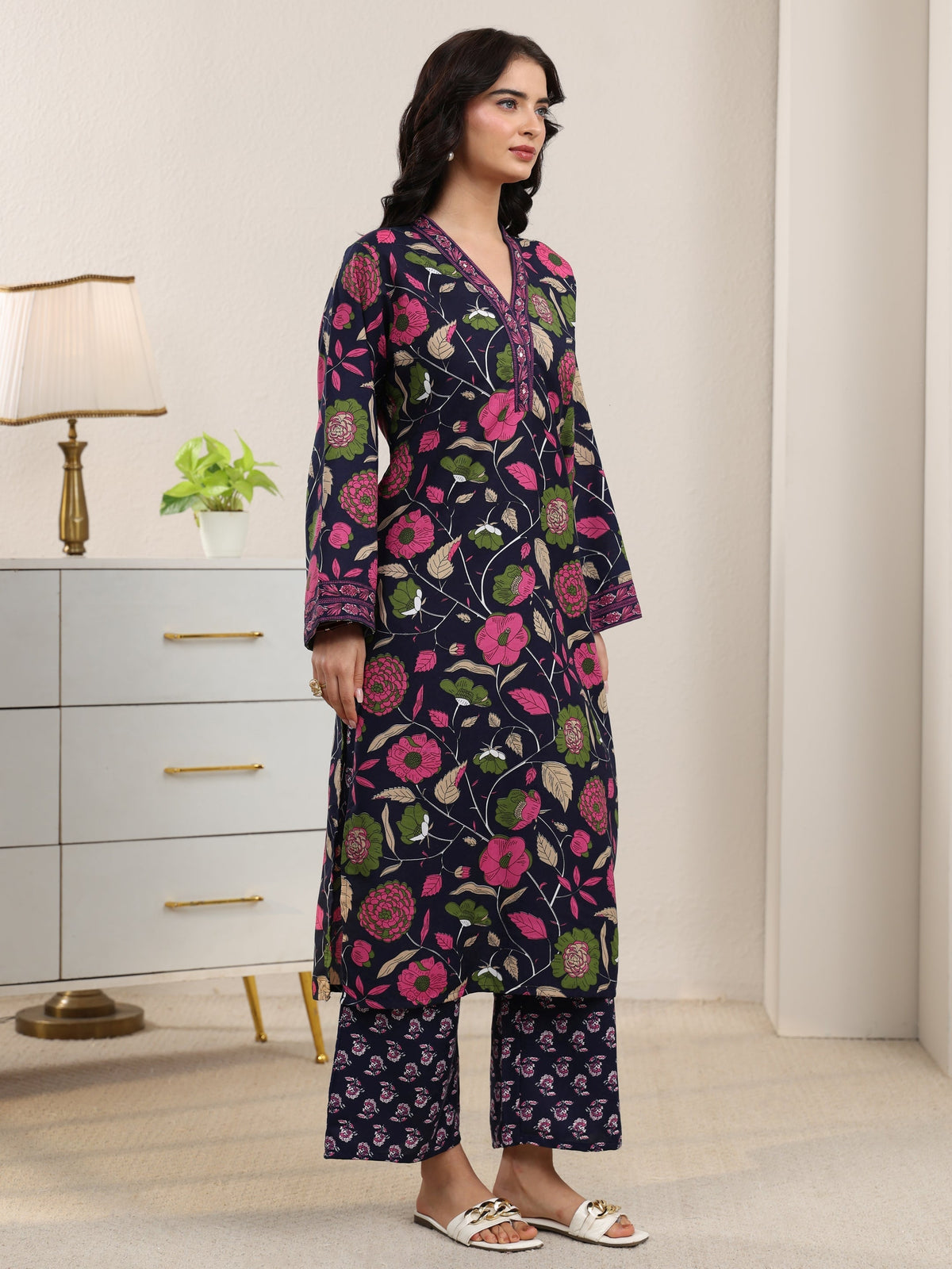 Gerua Navy Blue Floral Printed Cotton Blend Straight Kurta Set