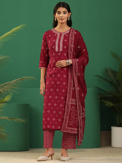 Gerua Crimson Red Bandhani Cotton Blend Straight Suit Set