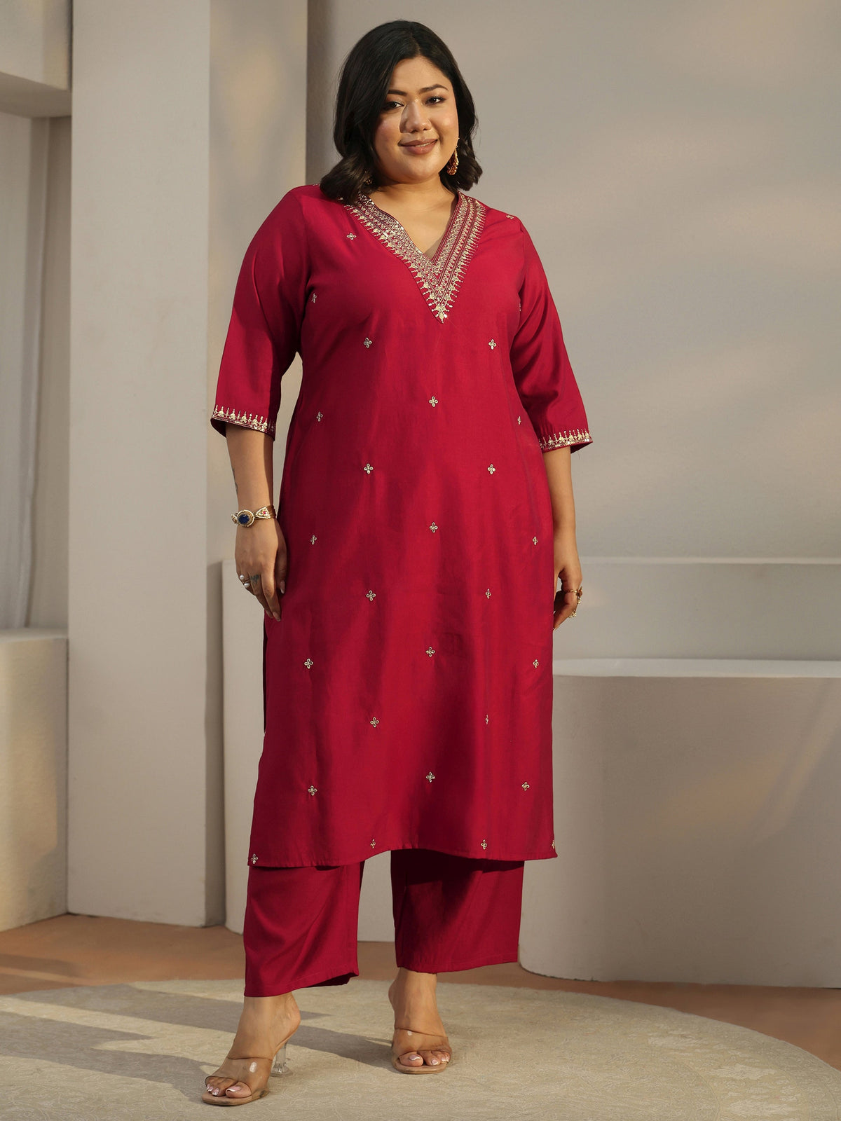 Plus Size Red Embroidered Silk Blend Straight Kurta Set