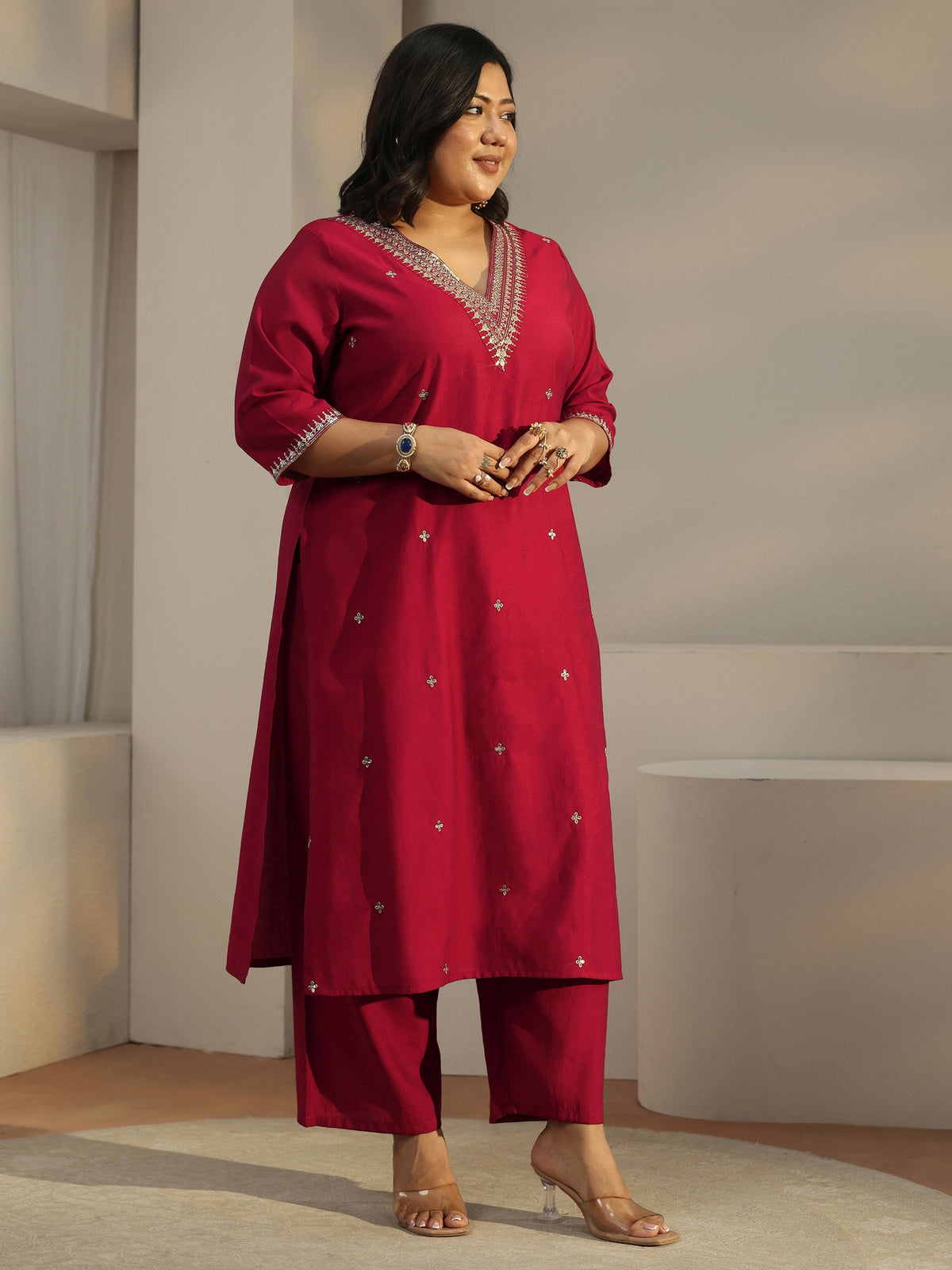 Plus Size Red Embroidered Silk Blend Straight Kurta Set