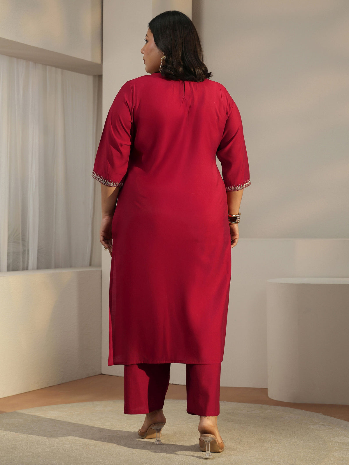 Plus Size Red Embroidered Silk Blend Straight Kurta Set