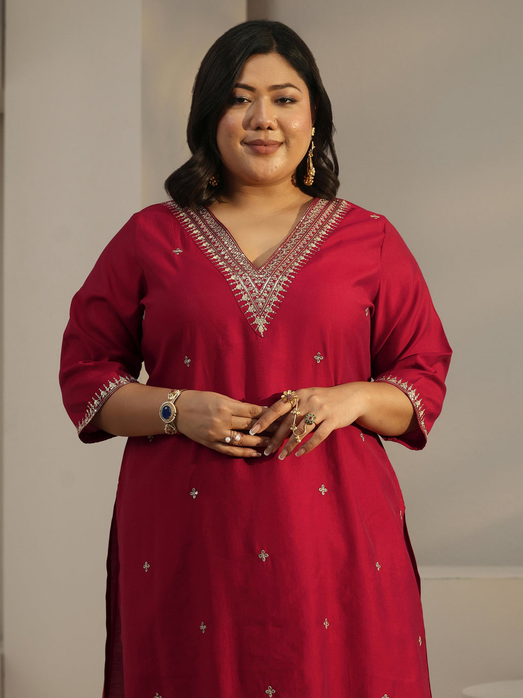 Plus Size Red Embroidered Silk Blend Straight Kurta Set