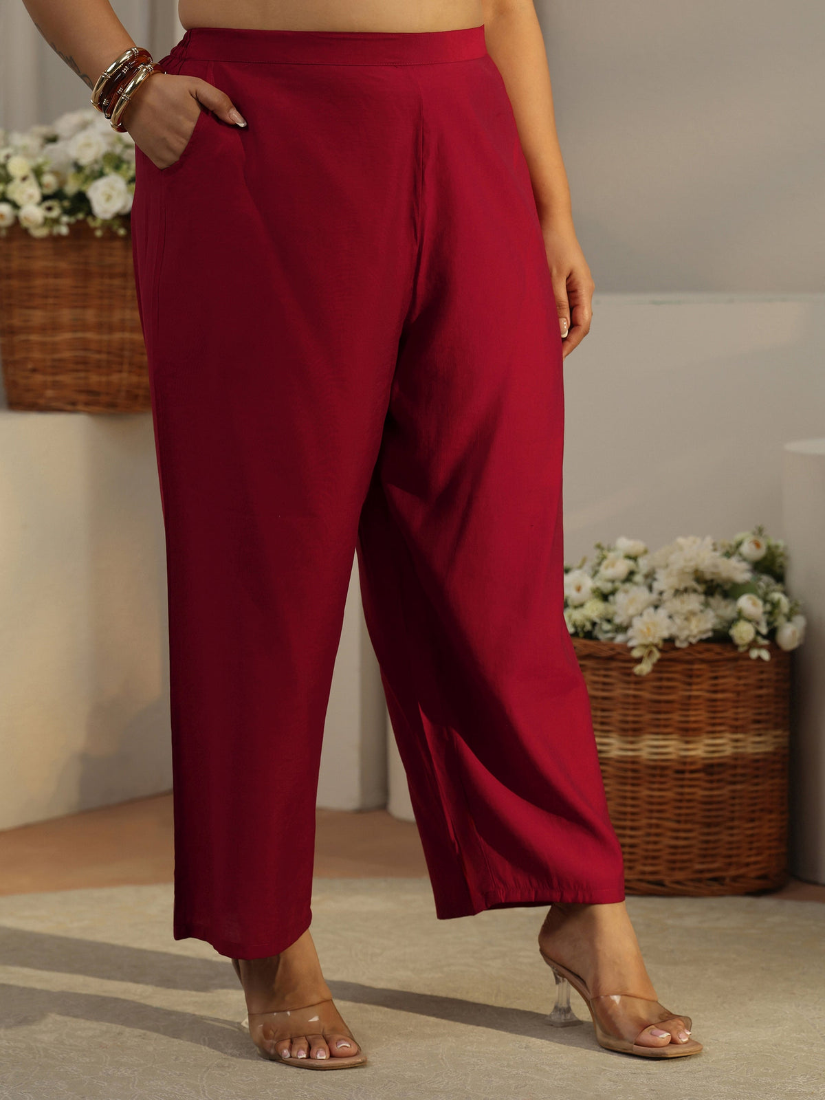 Plus Size Red Embroidered Silk Blend Straight Kurta Set