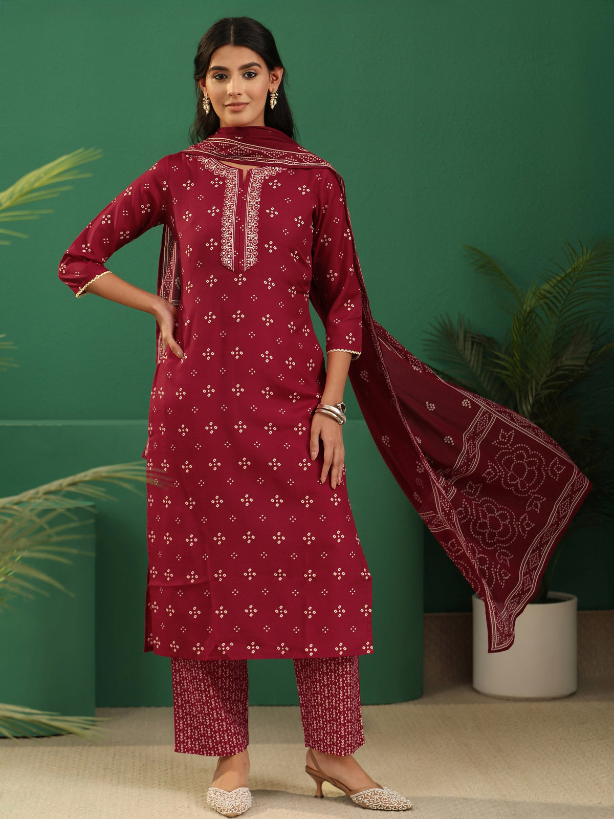 Gerua Crimson Red Bandhani Cotton Blend Straight Suit Set