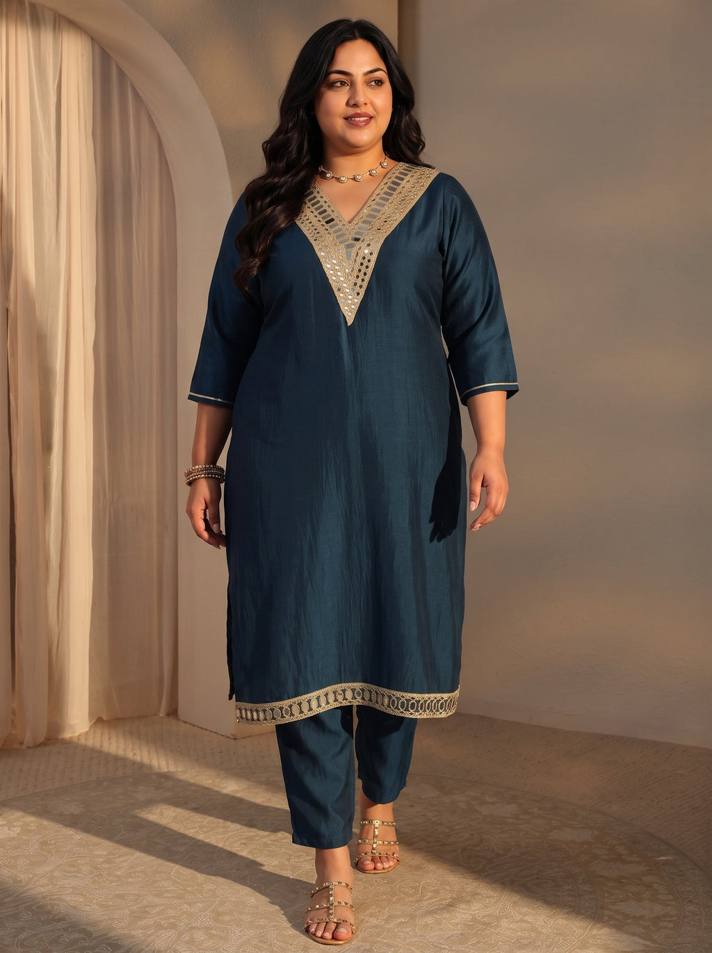 Plus Size Aprajita Navy Blue Mirror Work Yoke Design Silk Blend Straight Kurta Set