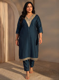 Plus Size Aprajita Navy Blue Mirror Work Yoke Design Silk Blend Straight Kurta Set