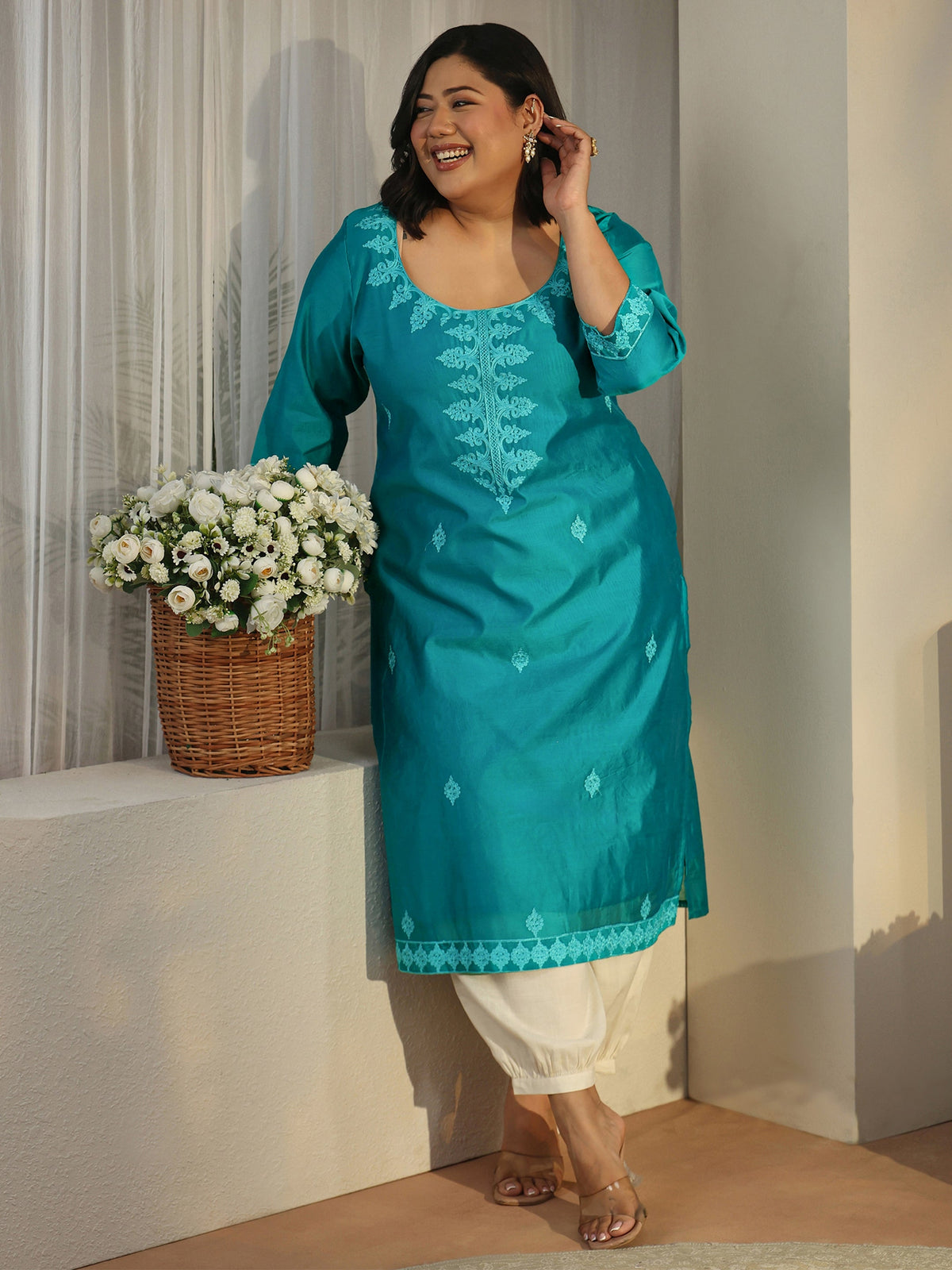 Plus Size Aqua Blue Embroidered Silk Blend Straight Kurta