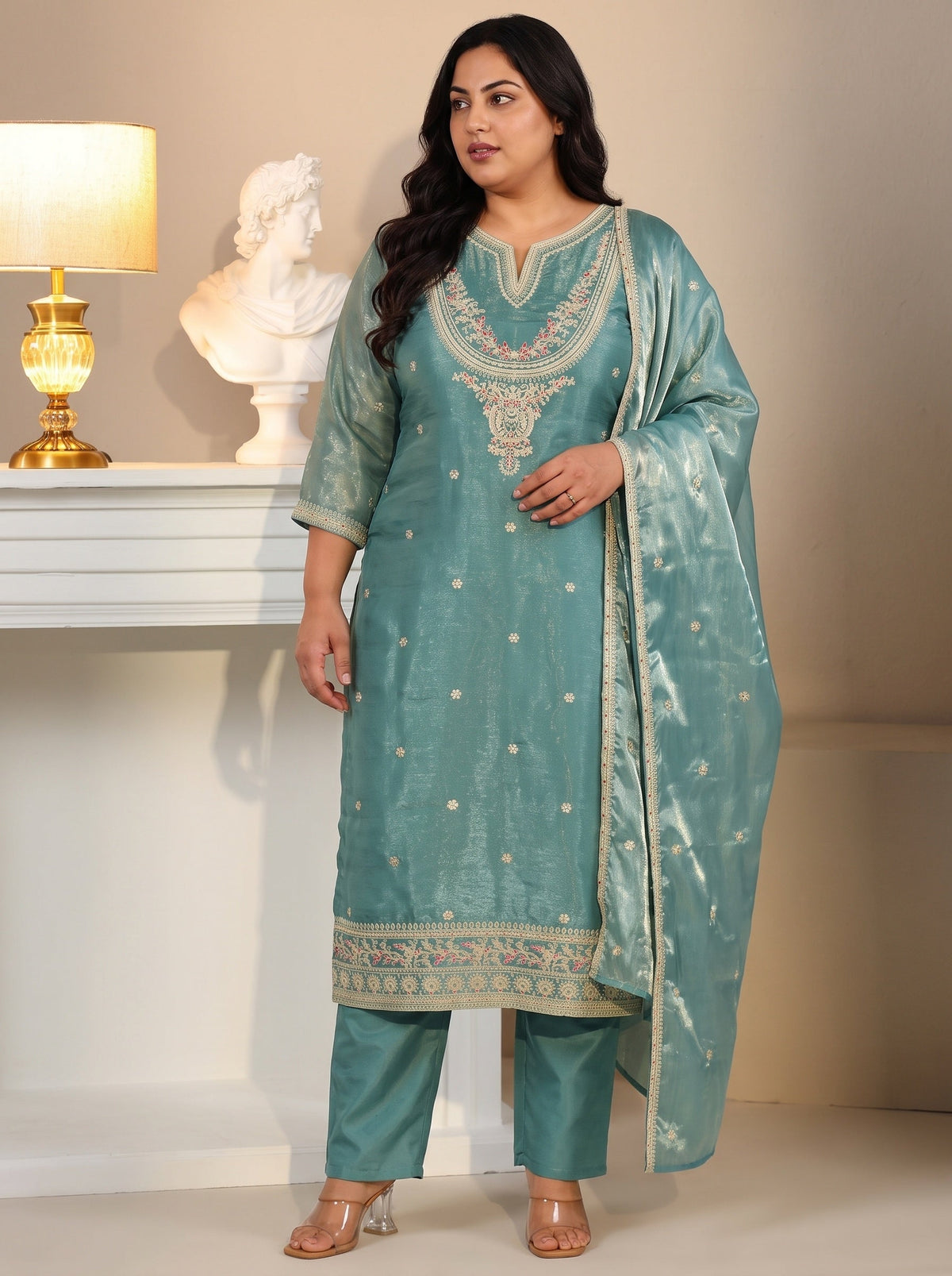 Plus Size Aqua Blue Ethnic Embroidered Tissue Straight  Suit Set