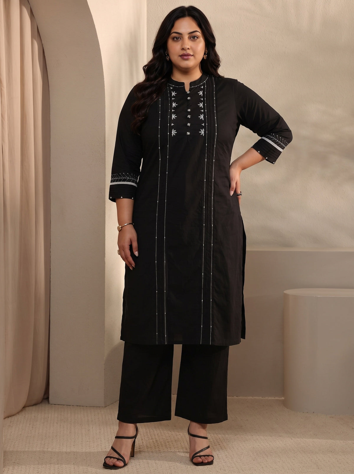 Plus Size Black Embroidered Cotton Straight Kurta Set