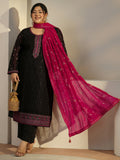 Plus Size Black Embroidered Georgette Straight Suit With Dupatta