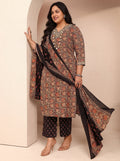 Plus Size Black Printed Cotton Blend Straight Suit Set With Dupatta