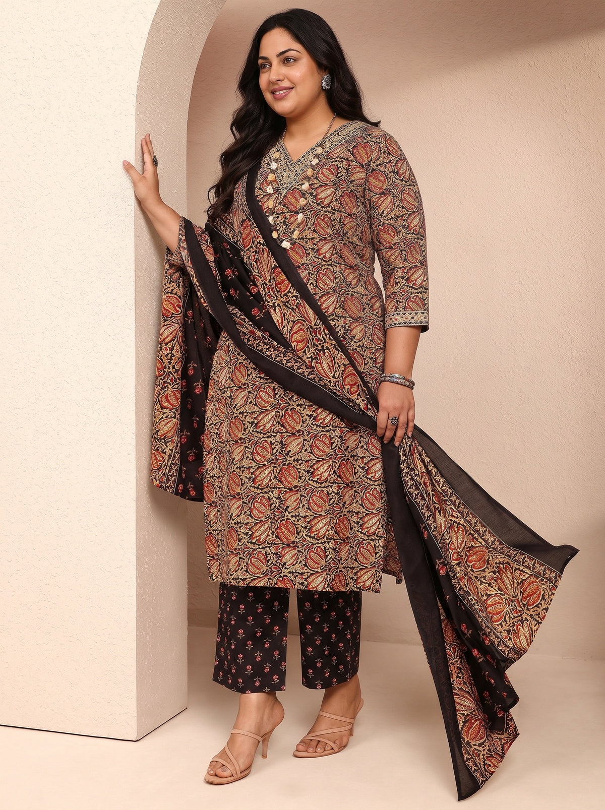Plus Size Black Printed Cotton Blend Straight Suit Set With Dupatta