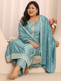 Plus Size Blue Embroidered Silk Blend Straight Suit Set With Dupatta