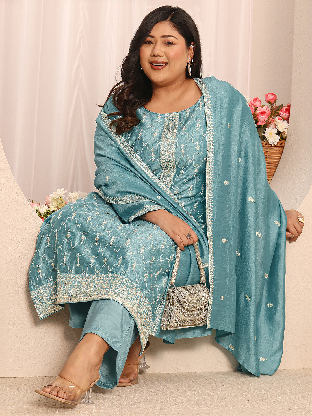 Plus Size Blue Embroidered Silk Blend Straight Suit Set With Dupatta