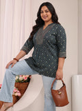 Plus Size Blue Ethnic Printed Silk Blend Straight Short Kurti