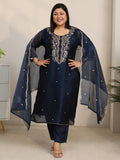 Plus Size Blue Floral Embroidered Tissue Straight Suit Set