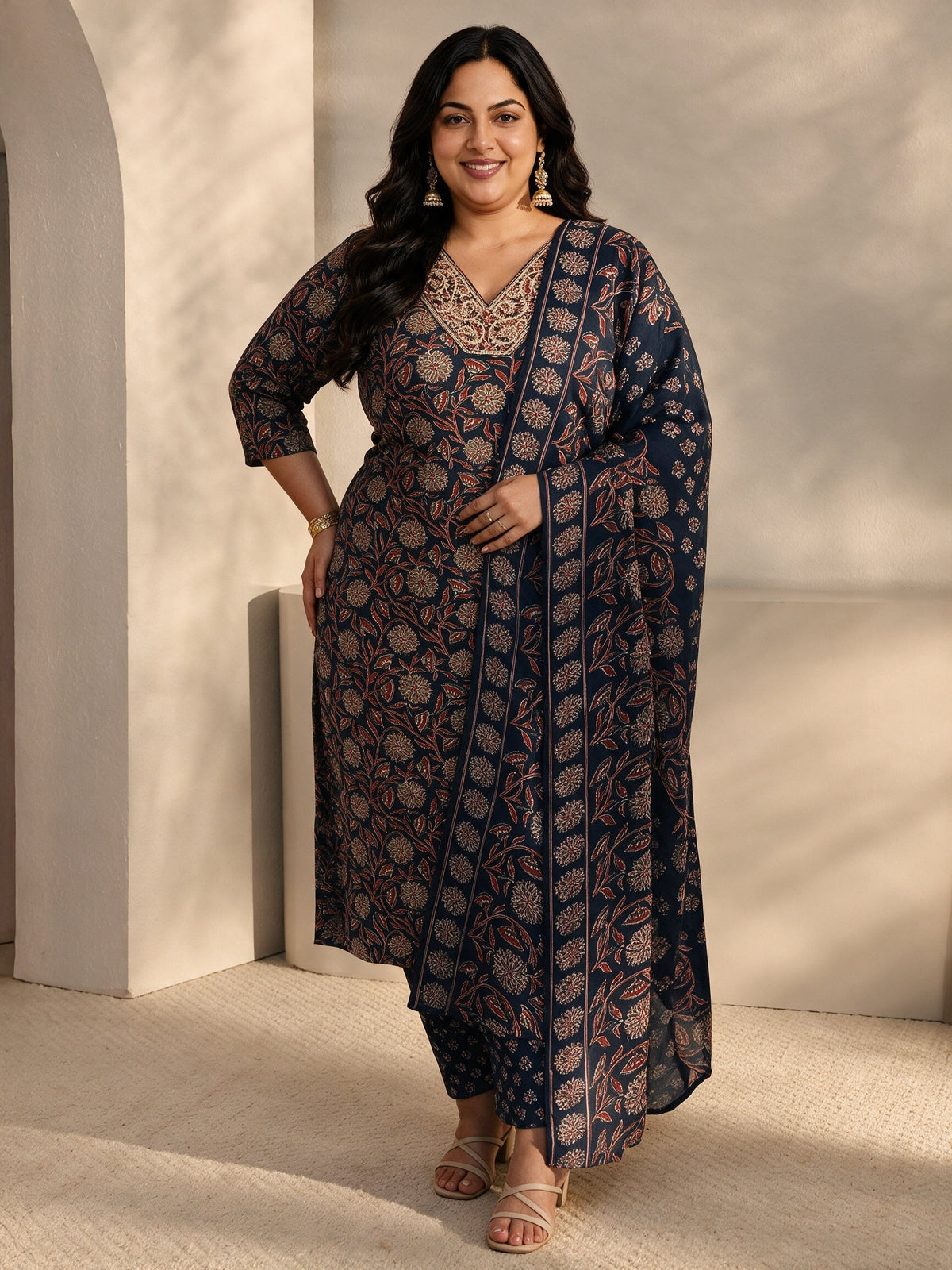 Plus Size Blue Floral Printed Cotton Blend Straight Suits Set With Dupatta