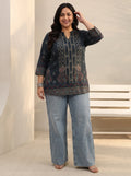 Plus Size Blue Floral Printed Silk Blend Straight Short Kurti