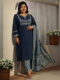 Plus Size Blue Floral Yoke Design Cotton Blend Straight Suit Set With Dupatta