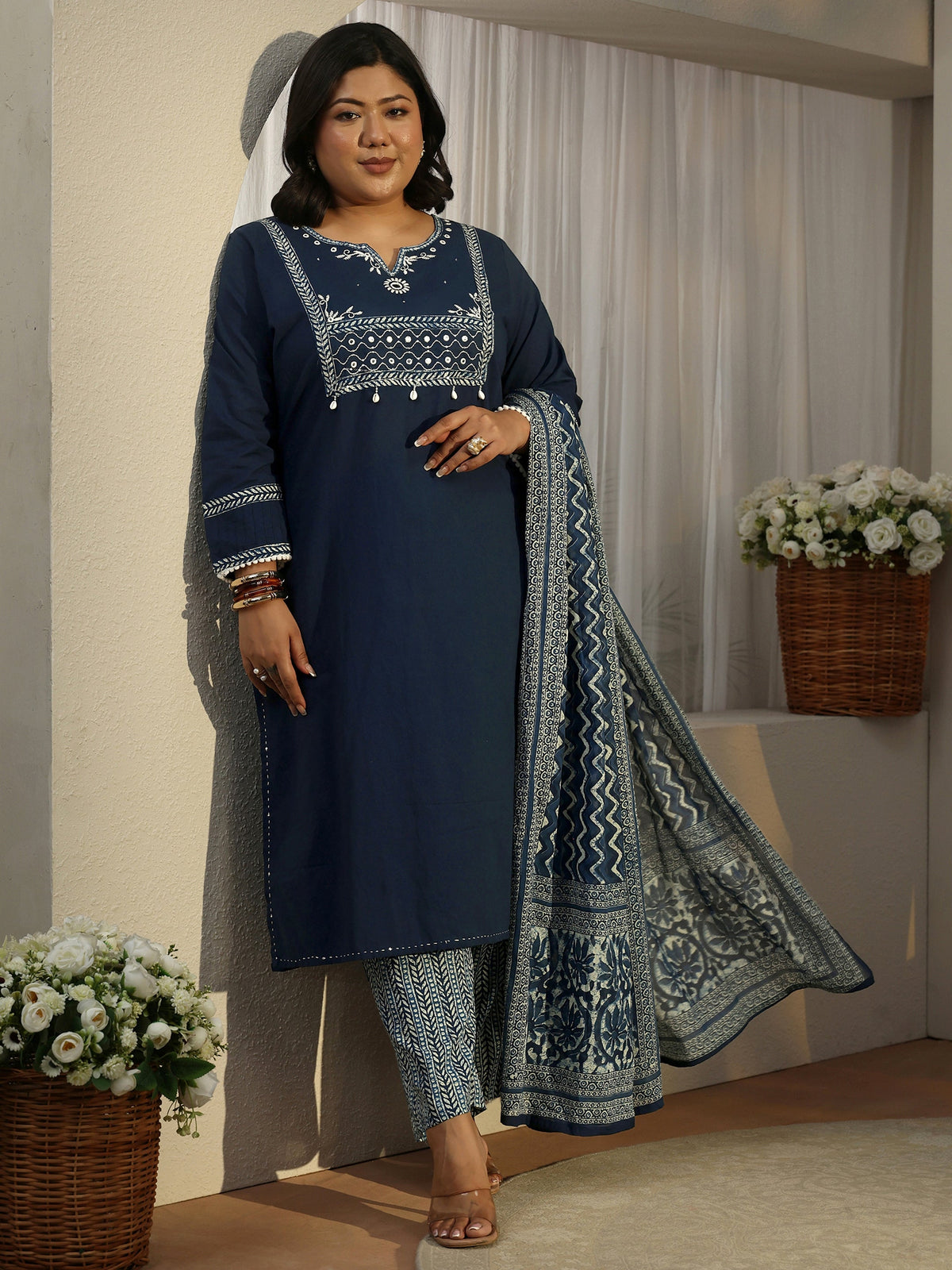 Plus Size Blue Floral Yoke Design Cotton Blend Straight Suit Set With Dupatta