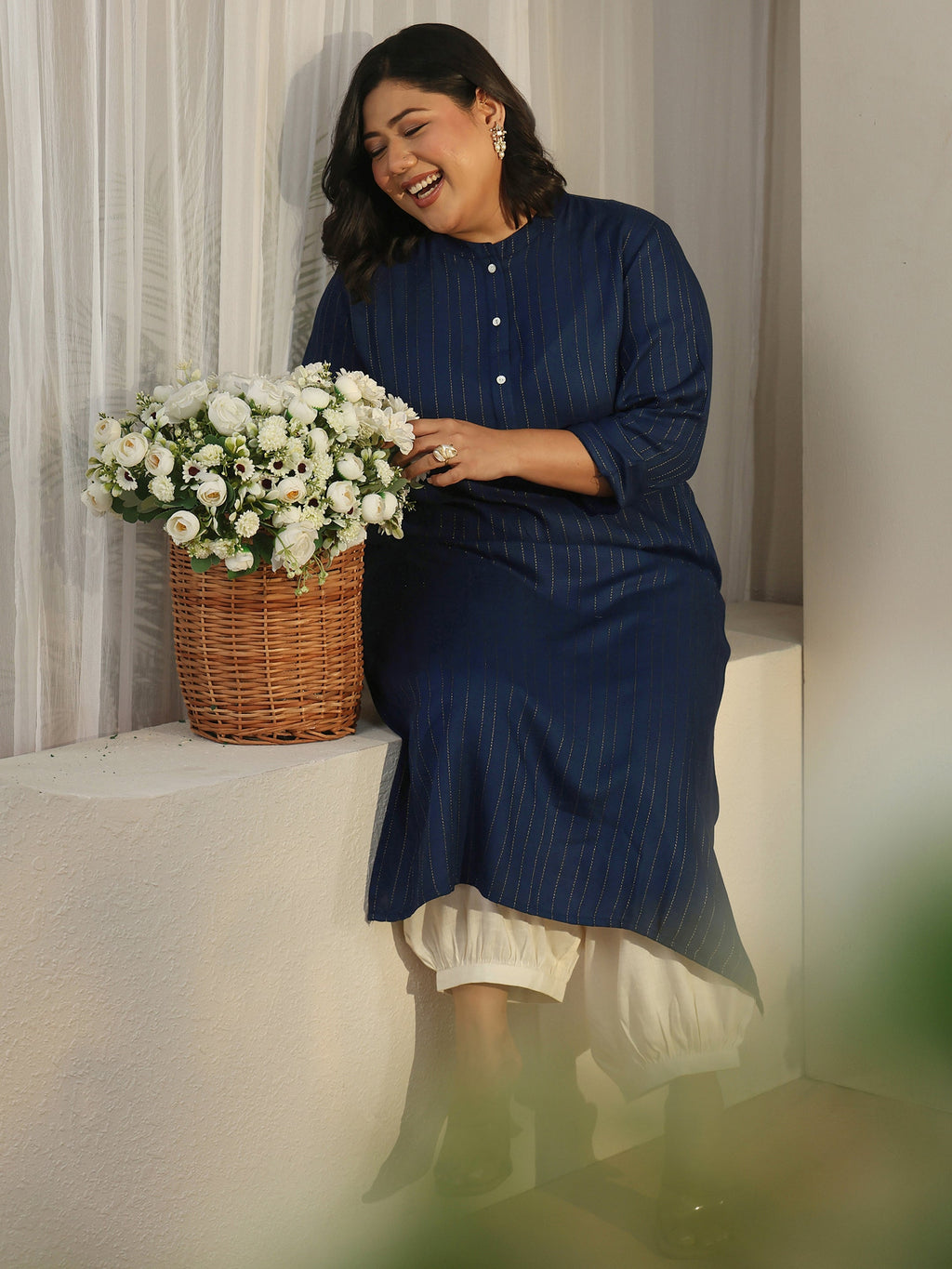 Plus Size Blue Striped Woven Design Rayon Straight Kurta