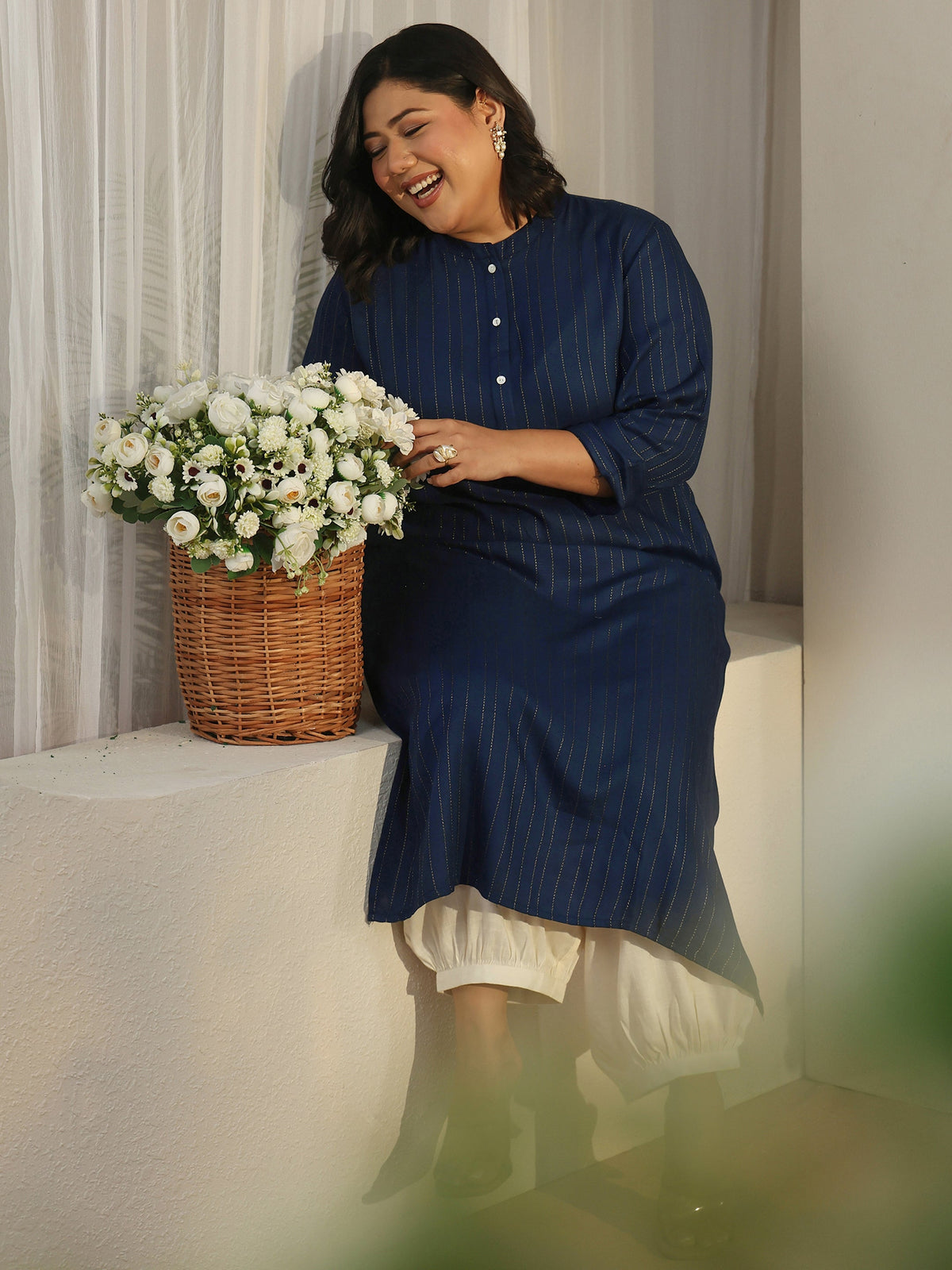 Plus Size Blue Striped Woven Design Rayon Straight Kurta