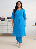 Plus Size Blue Woven Design Cotton Blend A-Line Kurta Set