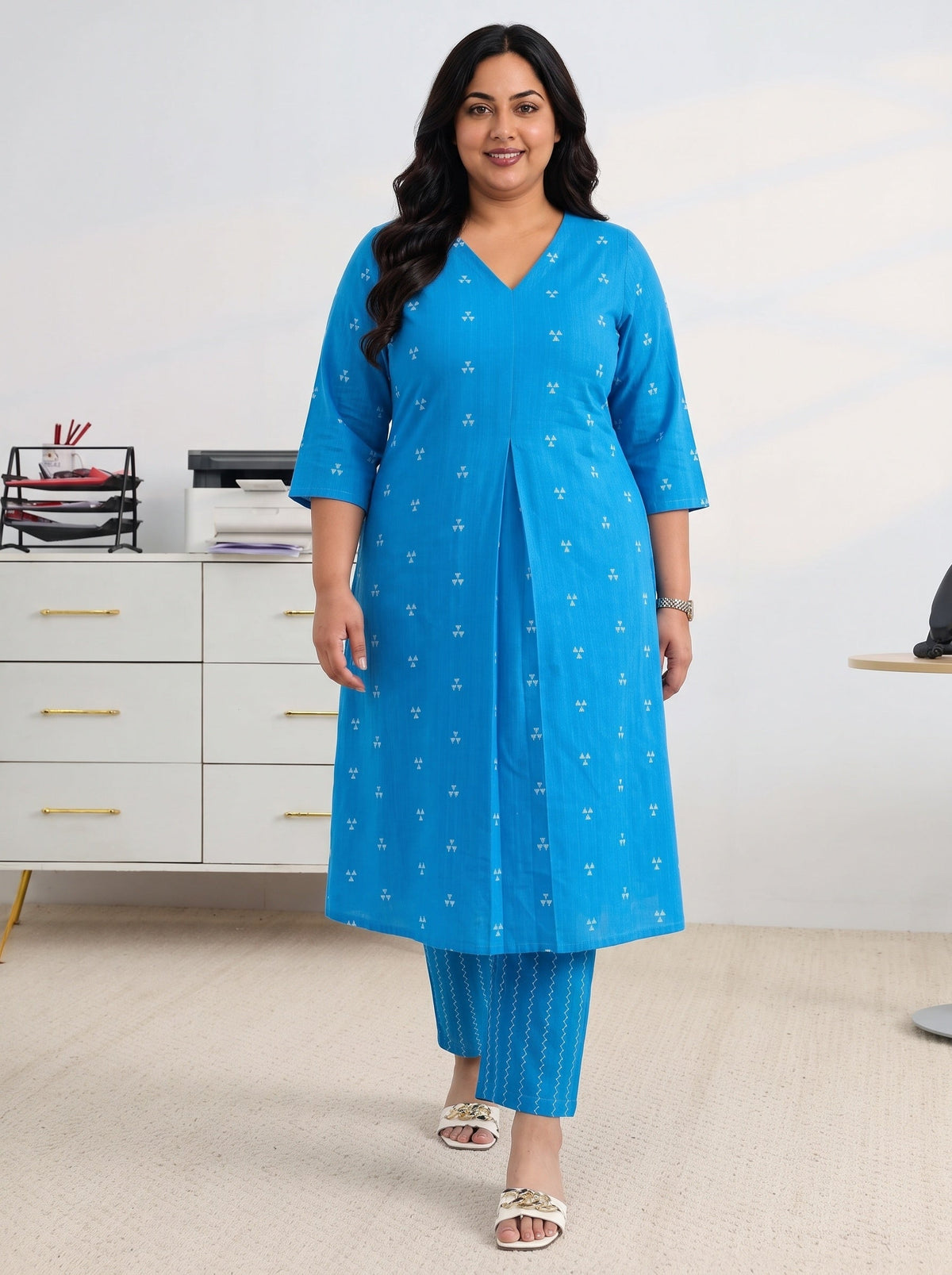 Plus Size Blue Woven Design Cotton Blend A-Line Kurta Set
