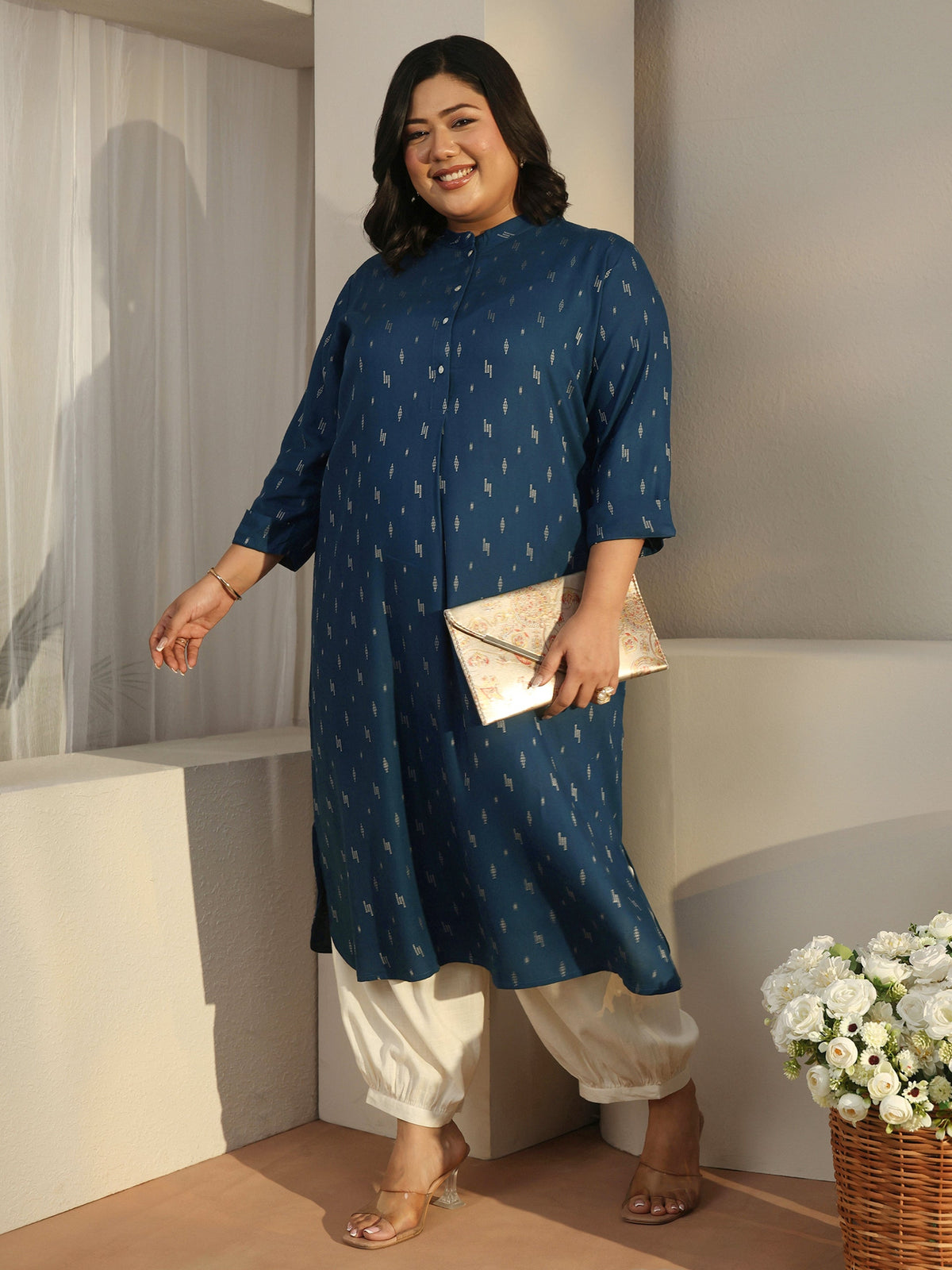 Plus Size Blue Woven Design Rayon Straight Kurta