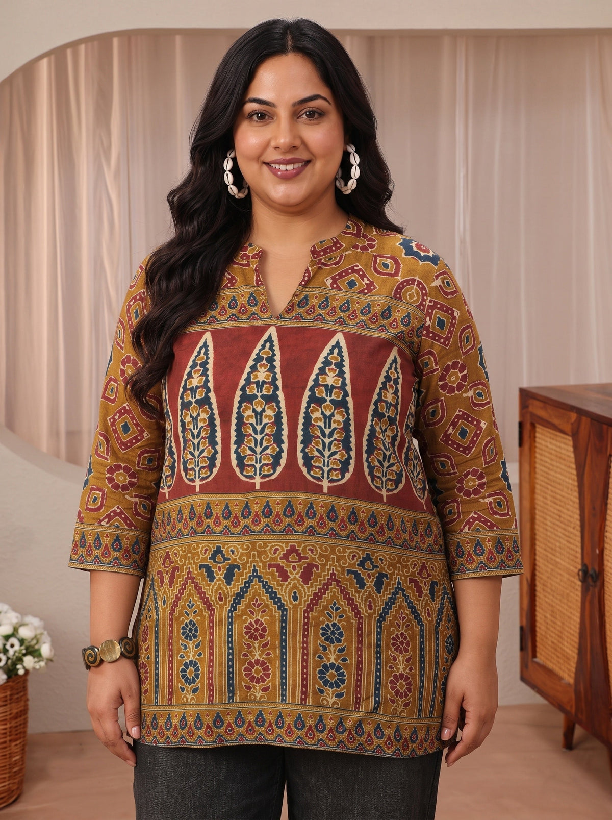 Plus Size Brown Multi Printed Muslin Straight Short Kurti