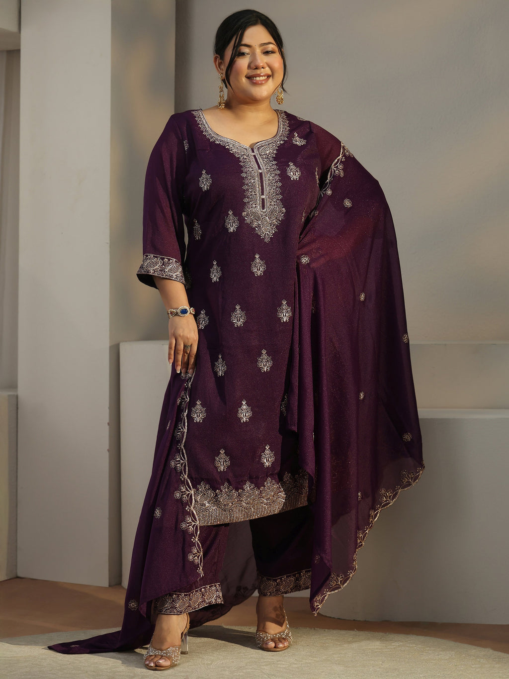 Plus Size Burgundy Embroidered Chinon Straight Suit Set
