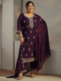 Plus Size Burgundy Embroidered Chinon Straight Suit Set